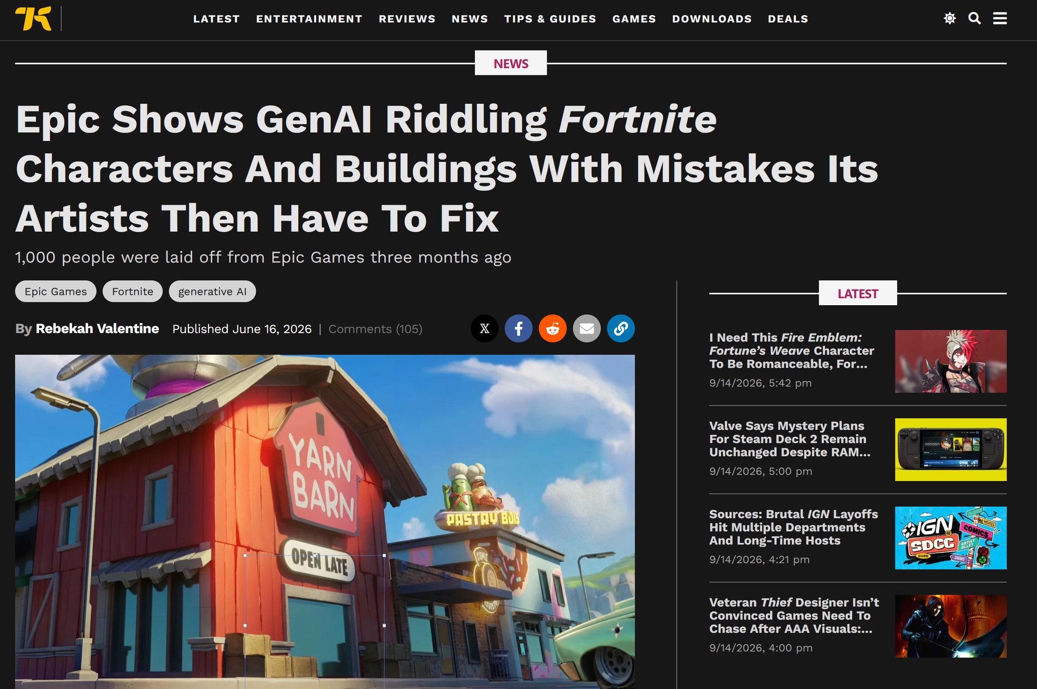 Captura del artículo de Kotaku sobre IA en Fortnite