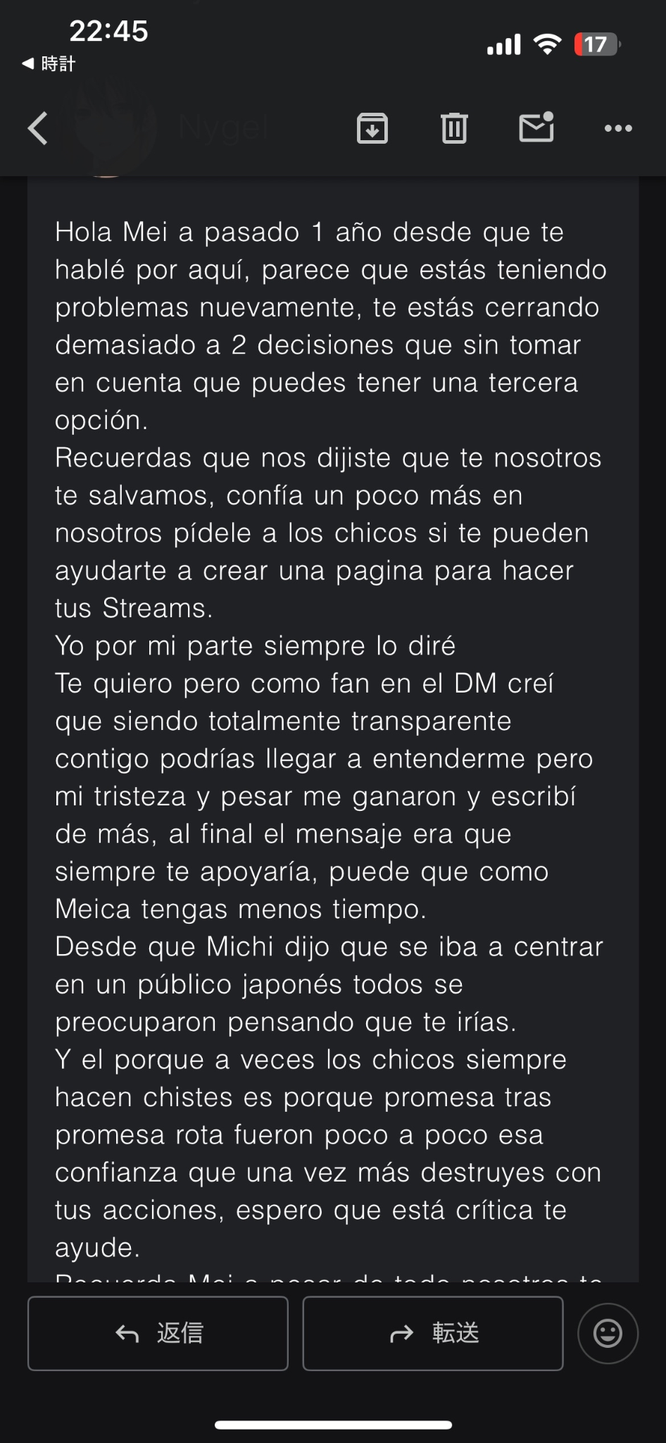 Carta del fan en el comunicado