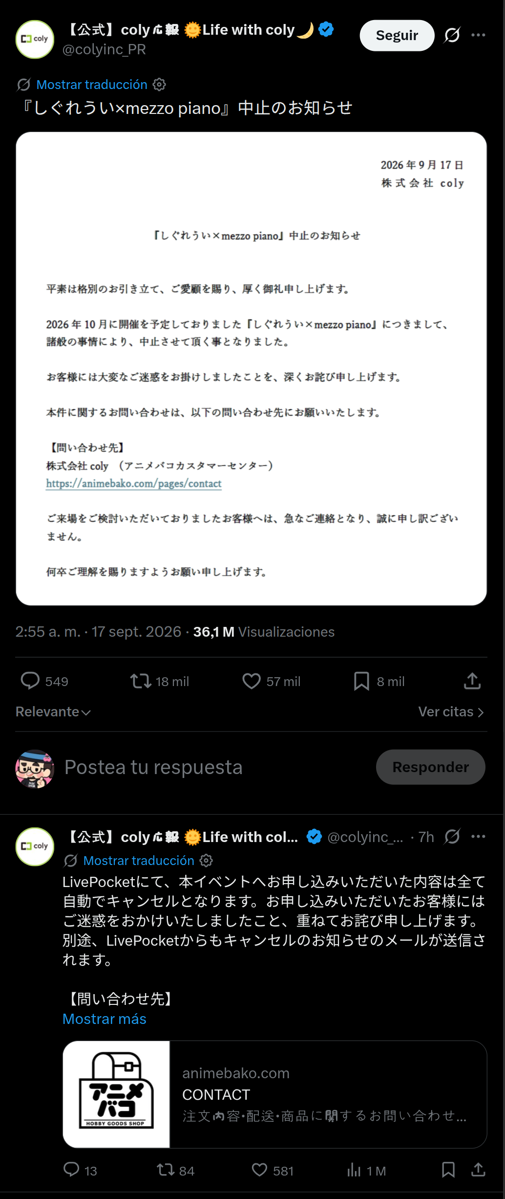 La cancelación oficial de coly y el hilo de LivePocket