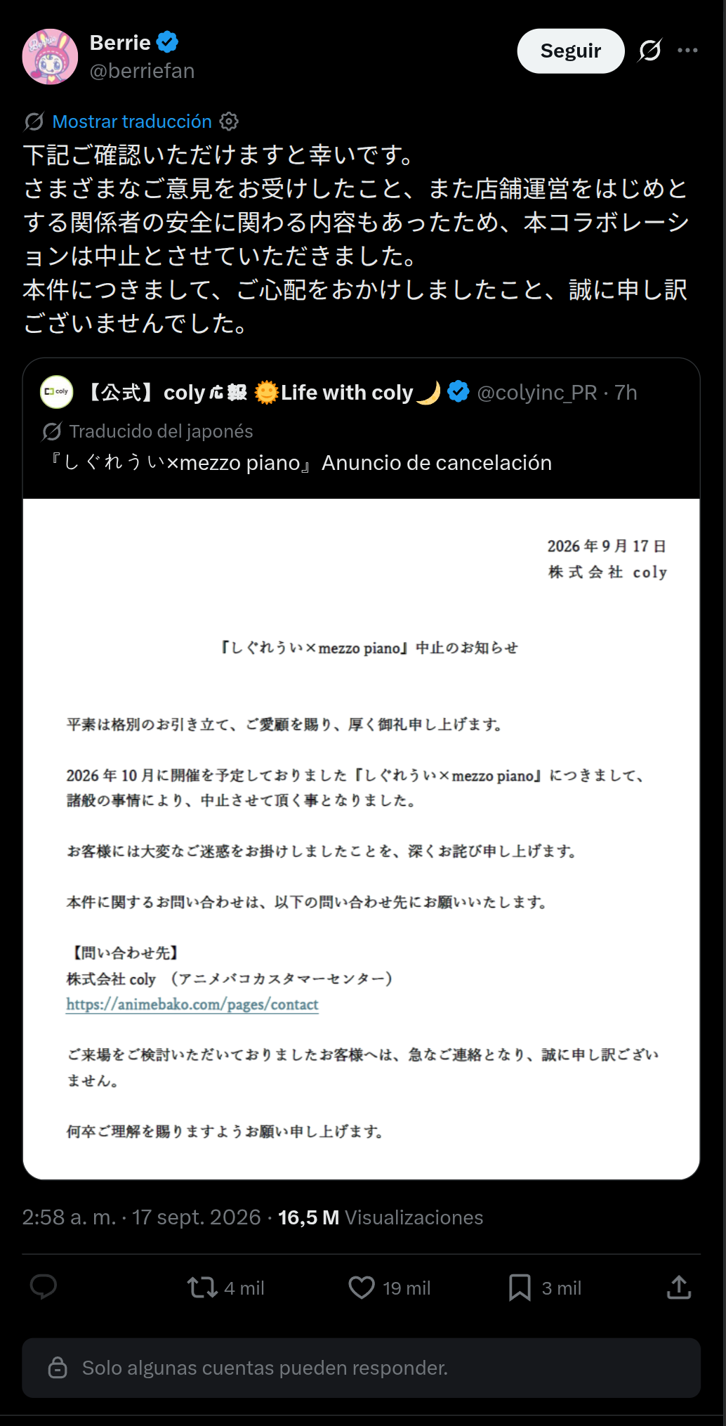 El comunicado de Berie-chan